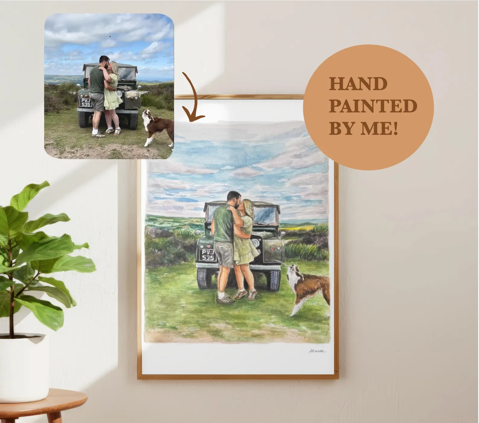 Custom couple portrait of two people and their dog outdoors
