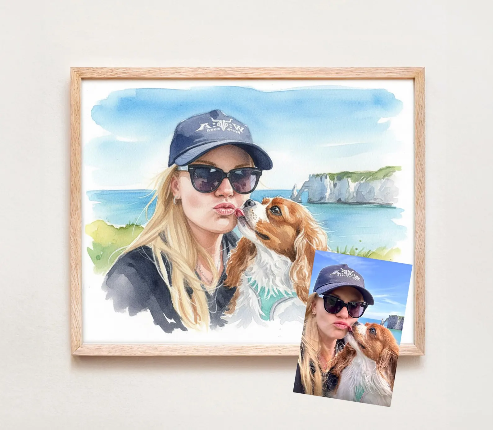 Framed custom watercolour portrait of a woman and her dog