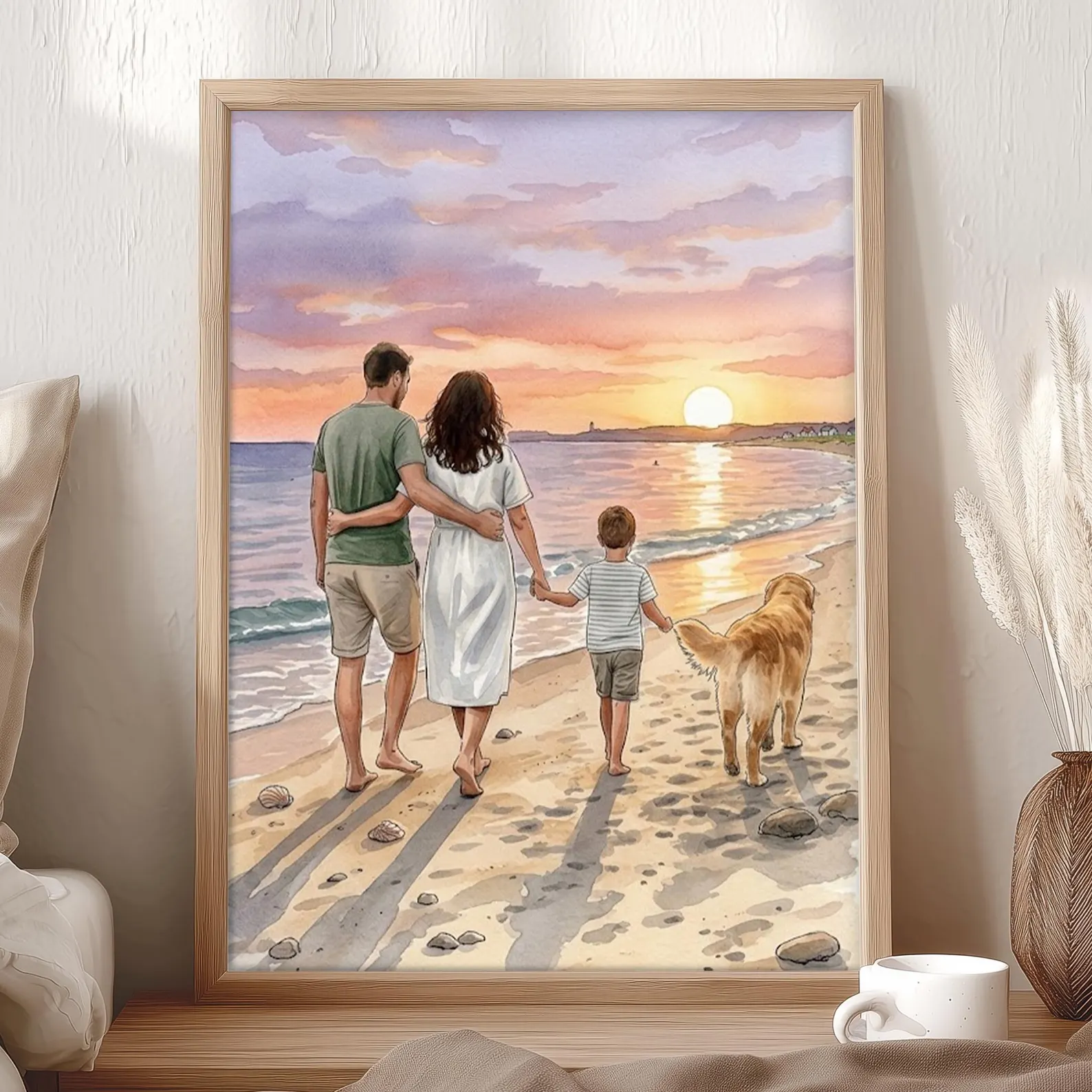 Custom wedding-style portrait of a couple walking on the beach