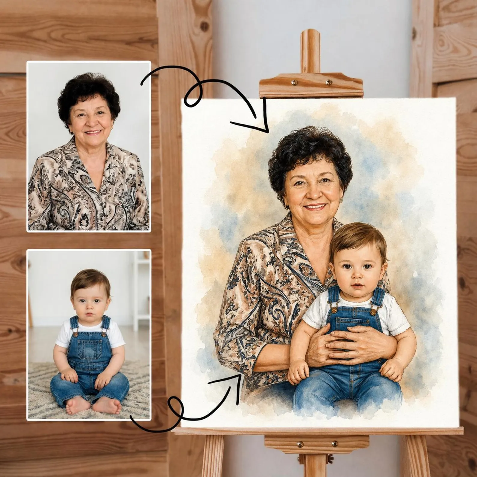 Before and after: photos of a grandmother and baby transformed into a watercolour portrait